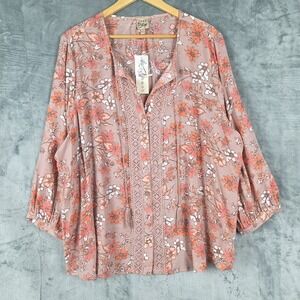 Womens Top 3X Boho Romantic Floral Embroidered Peasant Crochet Tassels Button Up